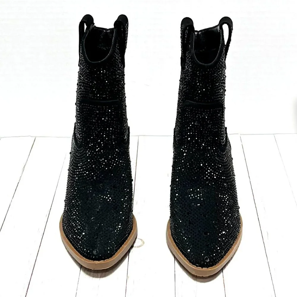 New Black Rhinestone Cowboy Ankle Boots Western Booties - Picture 6 of 8